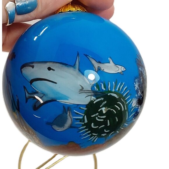 Inside Painted Glass Ornament-Blue "Aruba" with Sharks and Jellyfish - Picture 6 of 13